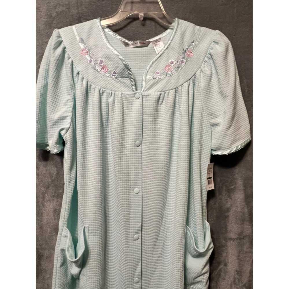 Jasmine Rose L Blue Embroidered Snap Front Housecoat Duster Robe Pockets NWT - Picture 2 of 8